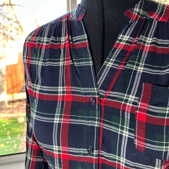 Market & Spruce Women’s Large Plaid Rayon Tunic Top Navy Red Long Sleeve - Picture 4 of 7